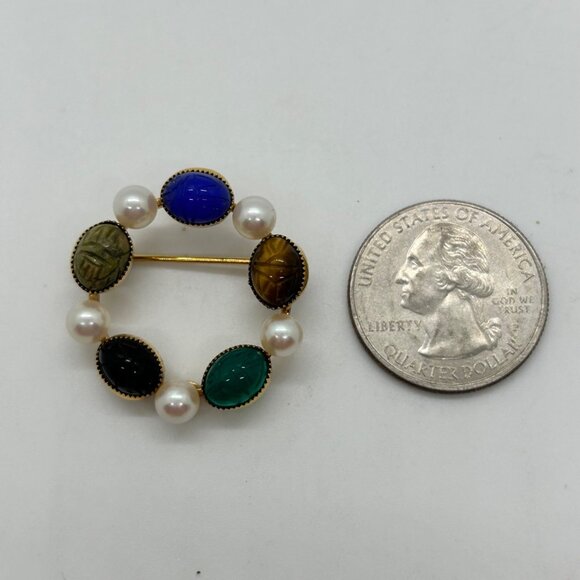Vtg Wells Brooch Egyptian Revival Scarab Stone14k Gold-Filled Faux Pearl Wreath - Picture 12 of 14